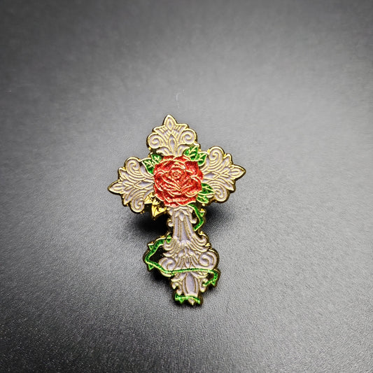 Silver Cross + Rose Pin