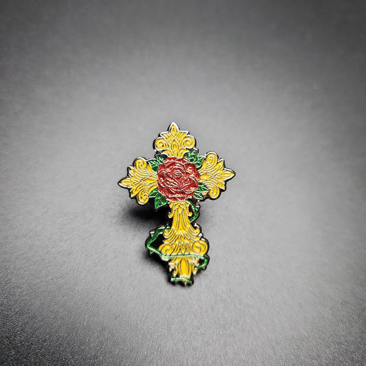 Gold Cross + Rose Pin