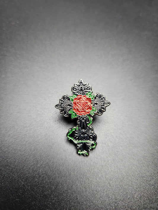 Black Cross + Rose Pin